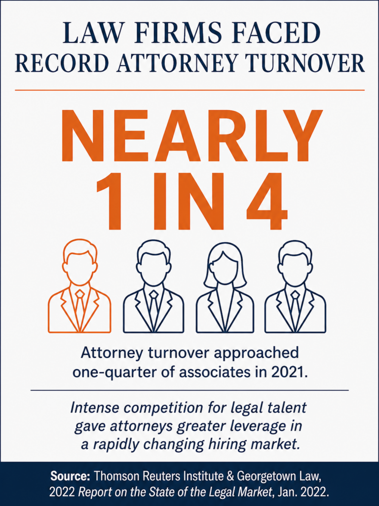 Infographic highlighting record attorney turnover in 2021, with nearly 1 in 4 associates leaving law firms amid intense competition for legal talent.