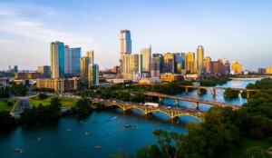 drone views at golden hour Austin Texas sunset 