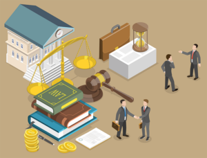 Illustration of lawyers shaking hands alongside stacked law books and legal fees
