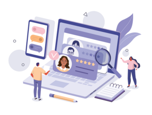 Illustration of someone checking references on a laptop