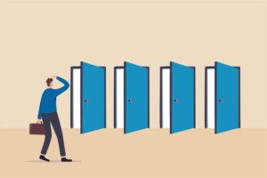 Illustration of a lawyer holding a briefcase, standing in front of five open blue doors, appearing uncertain about which door to choose.