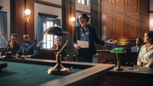 A lawyer stands and speaks in a courtroom, addressing the jury. Several people sit in the jury box, while others are seated at tables. 