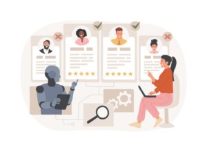 Illustration of a woman using a laptop and a robot holding a tablet, both reviewing candidate profiles with photos, checkmarks, and star ratings. Magnifying glass and gears icons suggest a hiring or selection process.