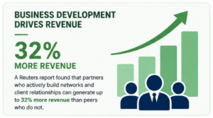 Infographic showing a rising bar chart with an upward arrow and three businesspeople icons. Text highlights that business development drives 32% more revenue through active networking and client relationships, based on a Reuters report.