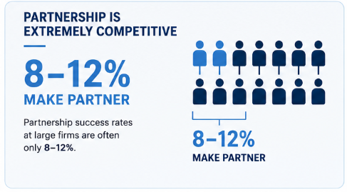 Infographic showing that only 8–12% make partner at large firms. There are 10 human icons, with 1 highlighted, representing the small percentage who achieve partnership. Text emphasizes high competitiveness.