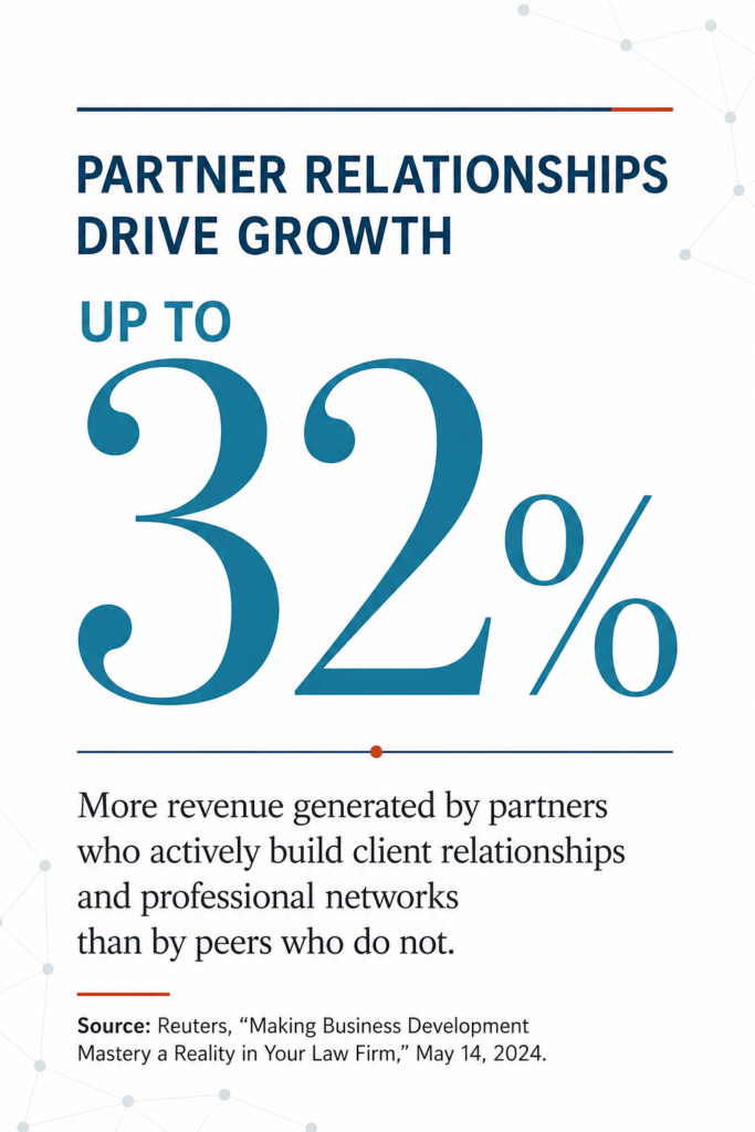 Infographic highlighting that partners who actively build client relationships and professional networks can generate up to 32% more revenue than peers who do not.